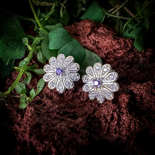 Aretes Flor con circonia lila